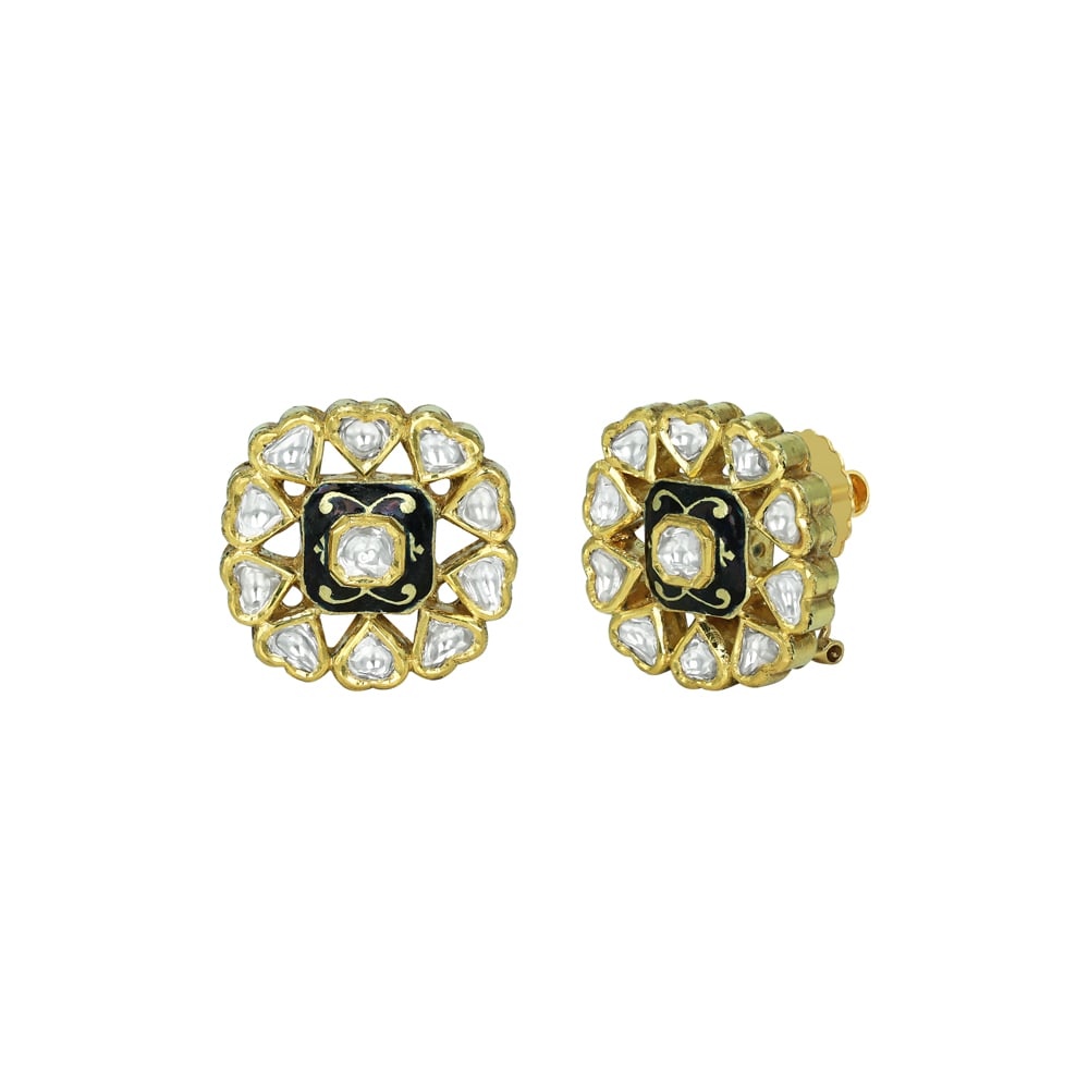 Polki Stud Earrings with Black Enamel and Teardrop Halo